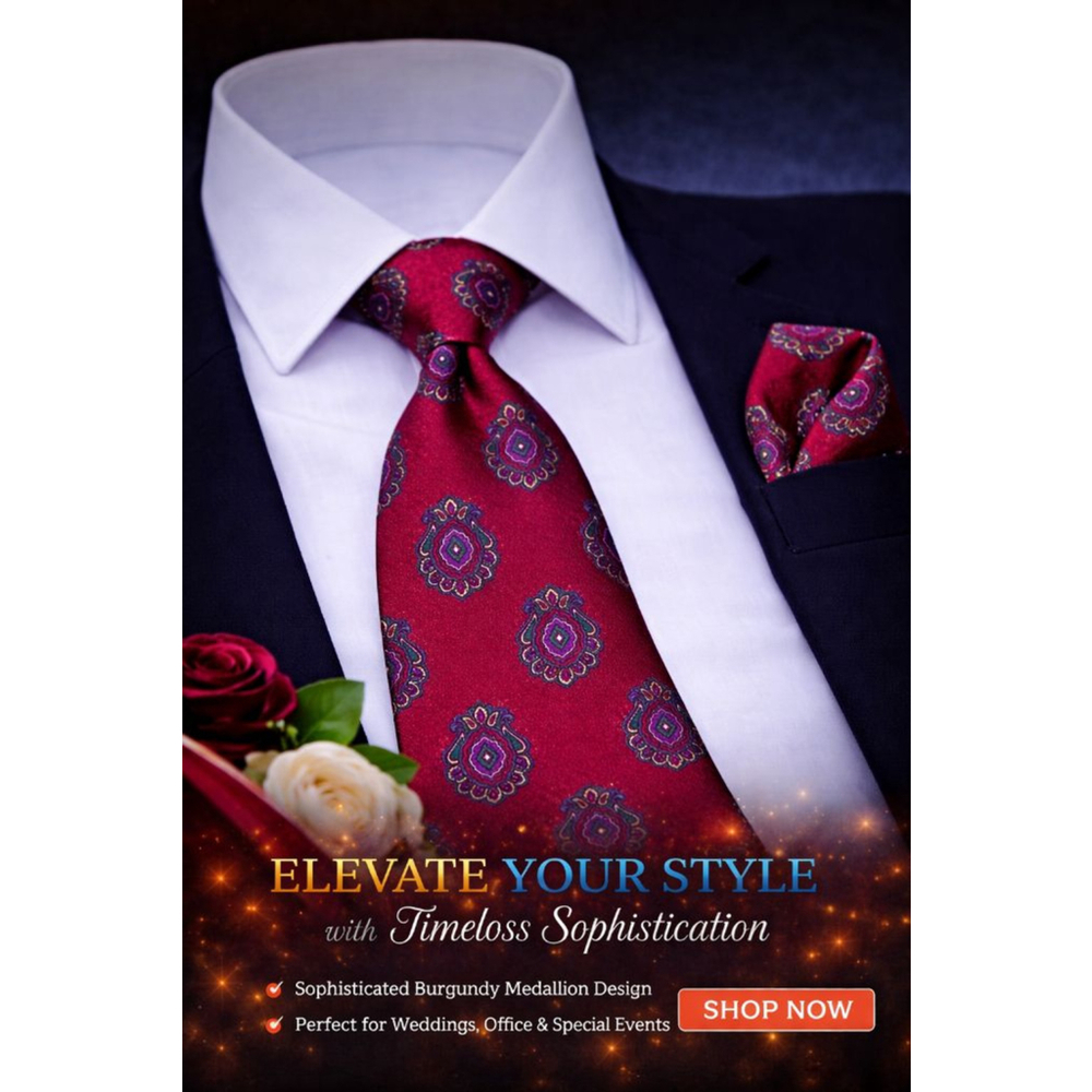 Perry Ellis Burgundy Blue Medallion Men's Silk Tie